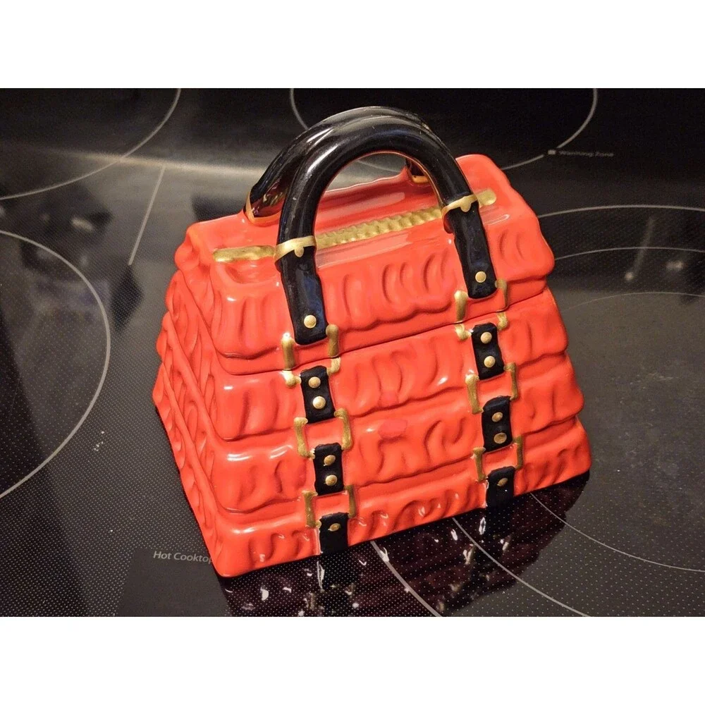 David's Cookies Ceramic Red Pleated Purse Cookie Jar Candy Dish Collectible